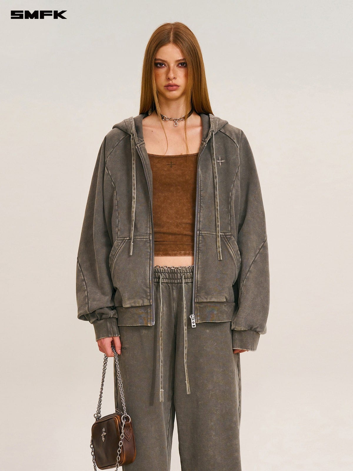 SMFK Distressed Washed Cotton Zip Up Hoodie in Dark Gray - On Female Model