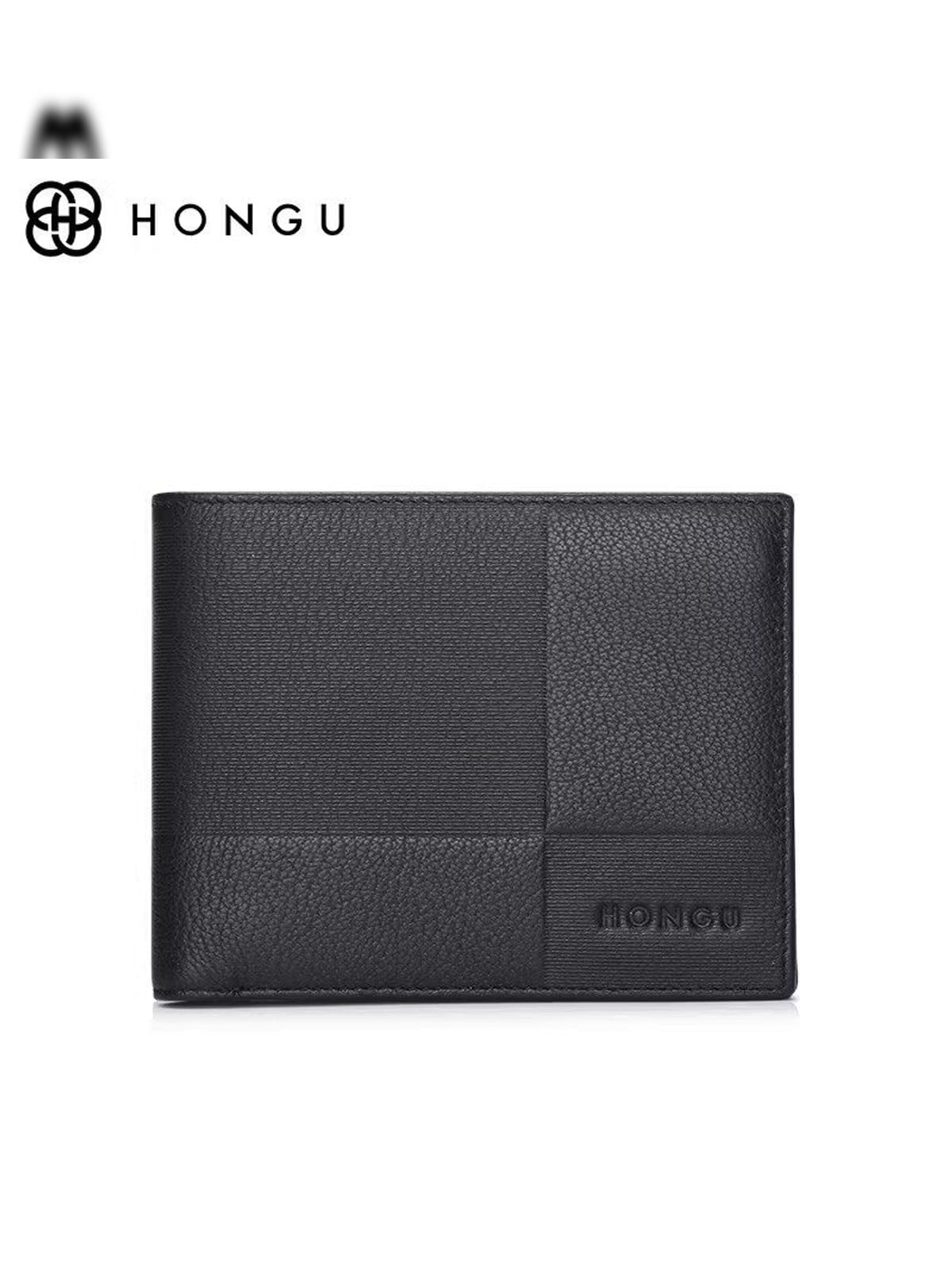HONGU Patchwork Leather Bifold Wallet in Black