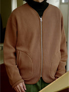 USAGE Heavyweight Waffle Knit Zip Cardigan in Beige - On Male Model