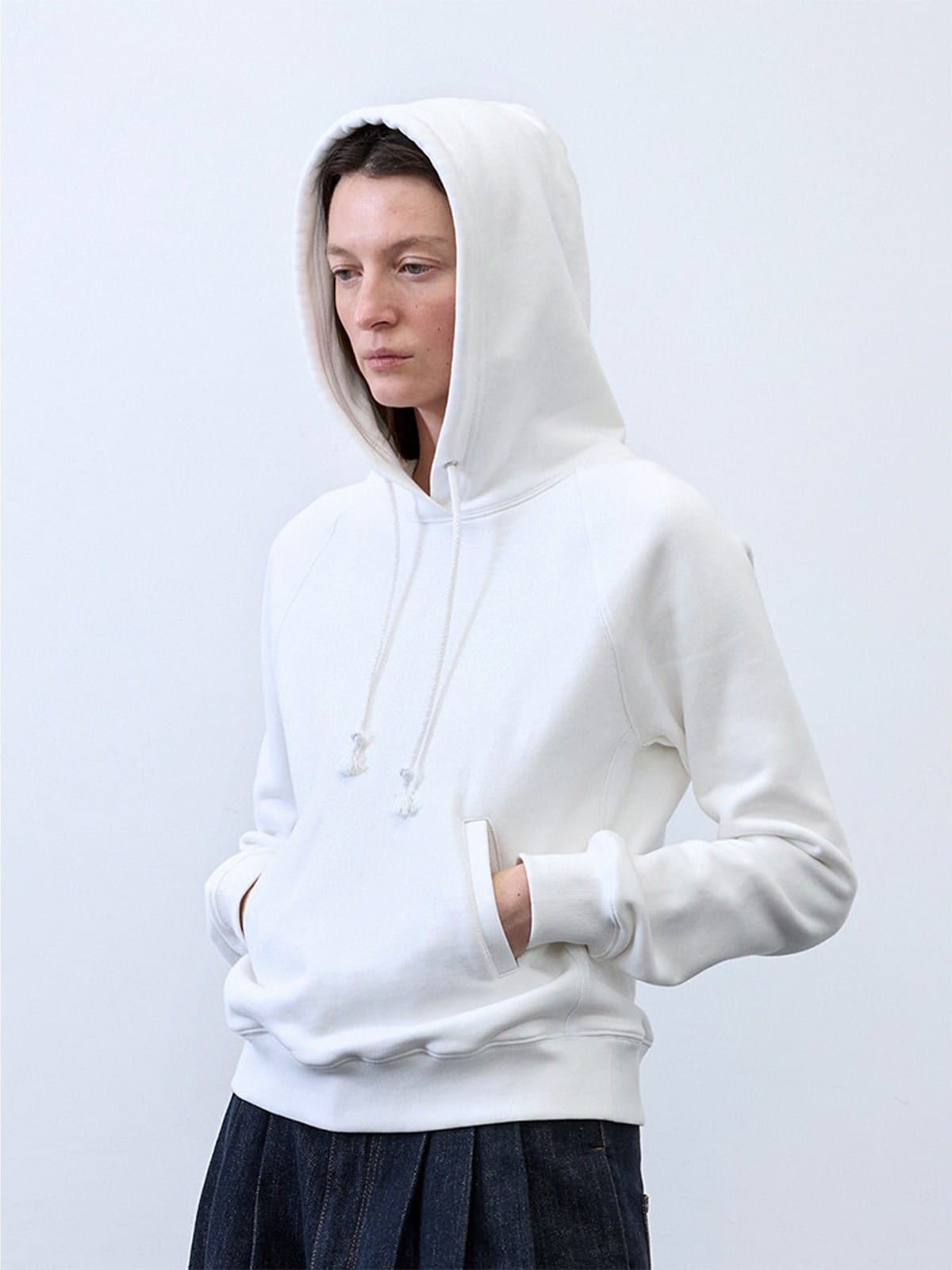 Random Piece Cotton Lyocell Cropped Hoodie in White - On Female Model