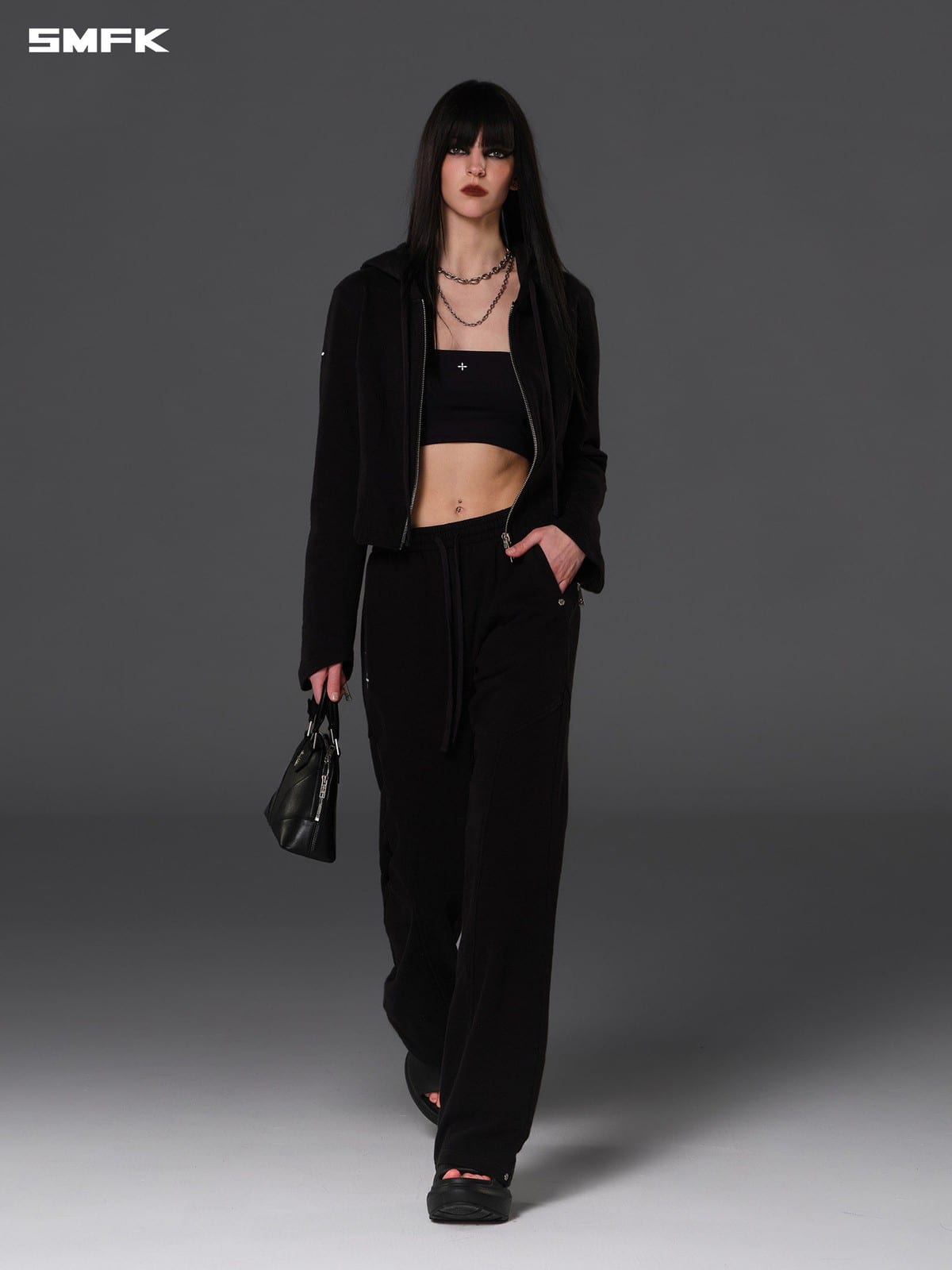 SMFK Cotton Blend Zip Up Hoodie in Black - On Female Model