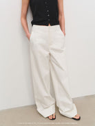 MSBEAST Textured Cotton Wide Leg Trousers in White - On Female Model
