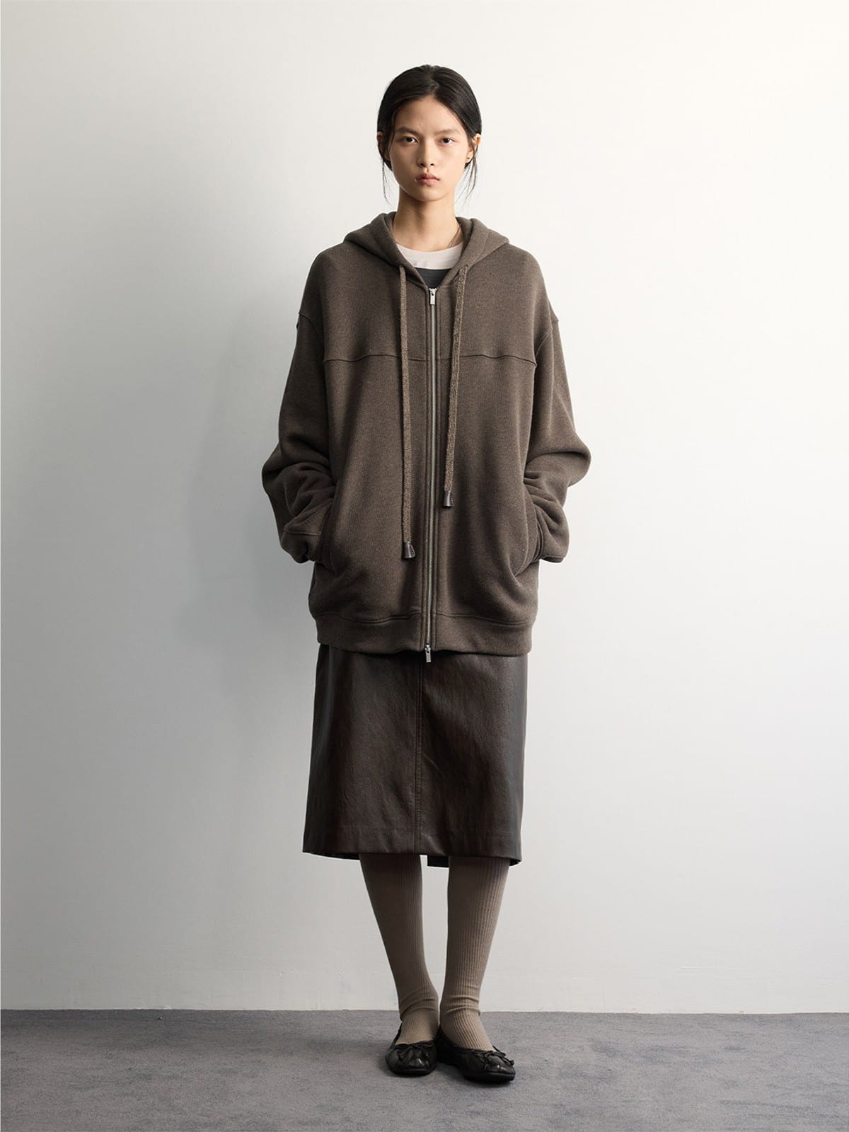 Random Piece Wool Blend Fleece Lined Zip Hoodie in Brown - On Female Model