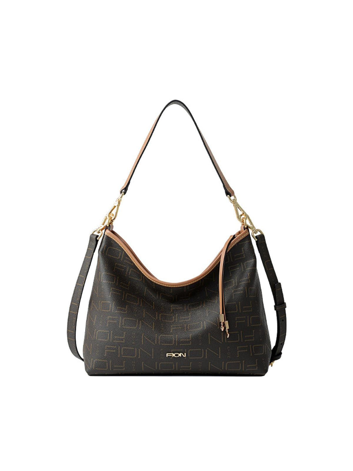FION Monogram Coated Canvas Hobo Bag in Dark Brown