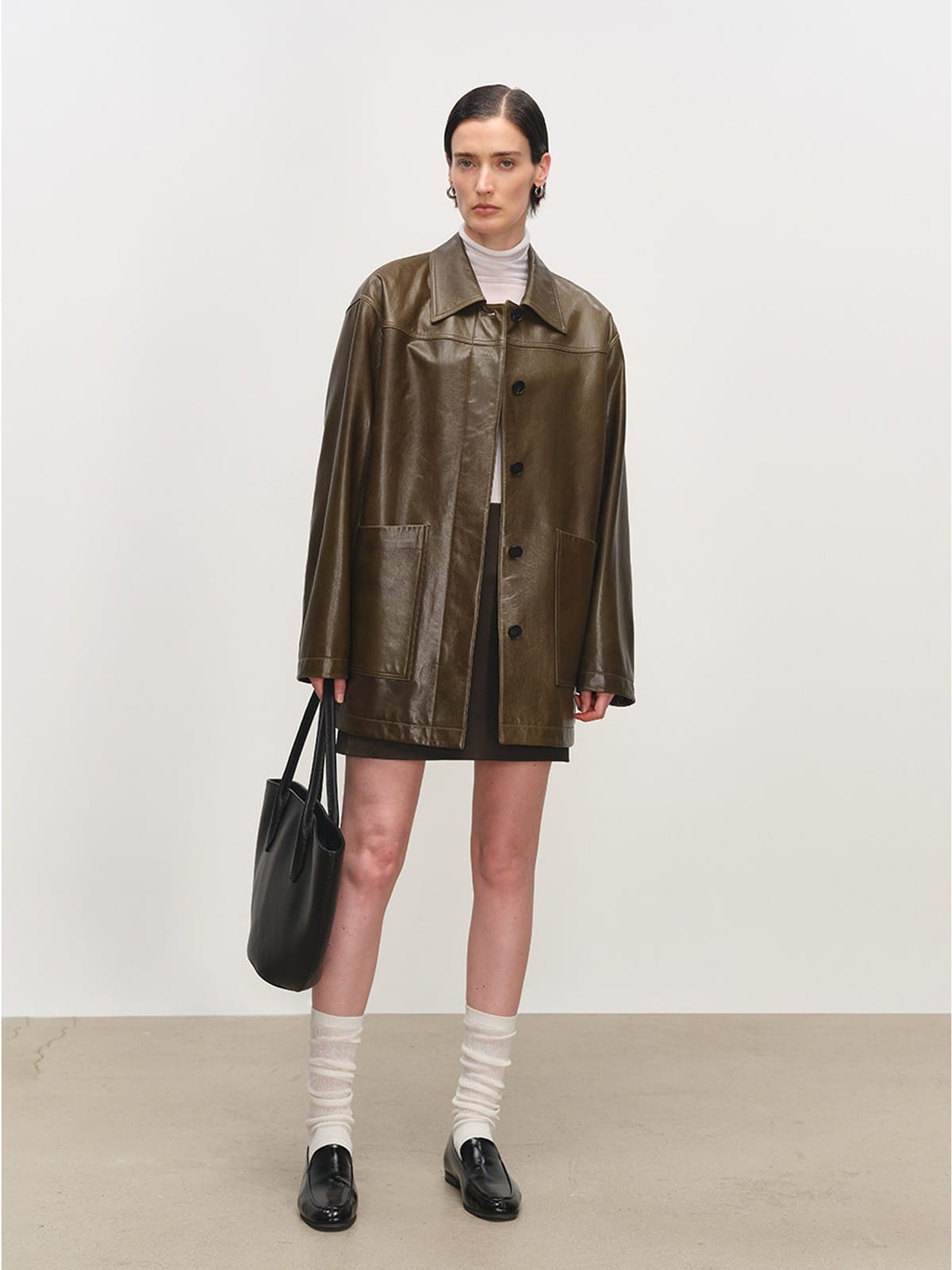 MSBEAST Mid Length Sheepskin Leather Jacket in Olive - On Female Model