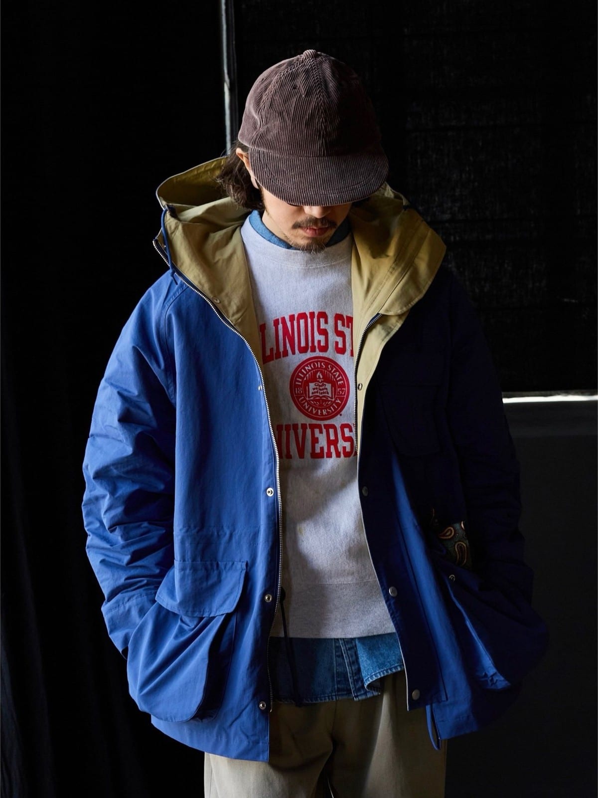USAGE Cotton Nylon Hooded Mountain Parka in Blue - On Male Model