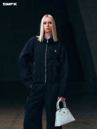 SMFK Zip Up Polyamide Track Jacket in Black - On Female Model