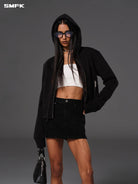 SMFK Cotton Blend Slim Zip Up Hoodie in Black - On Female Model