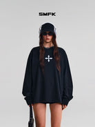 SMFK Oversized Cotton Long Sleeve Sweatshirt in Black - On Female Model
