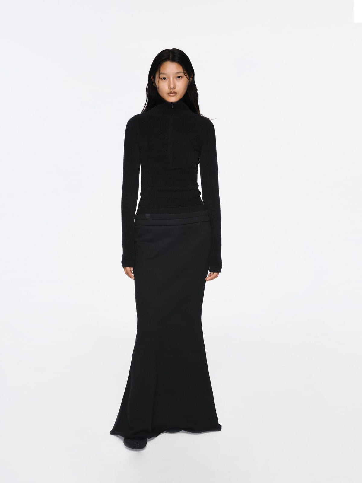 RARELY ALIKE Double Waistband Mermaid Maxi Skirt in Black - On Female Model