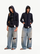 MASONPRINCE Faux Layered Zip Up Hoodie in Navy - On Male Model