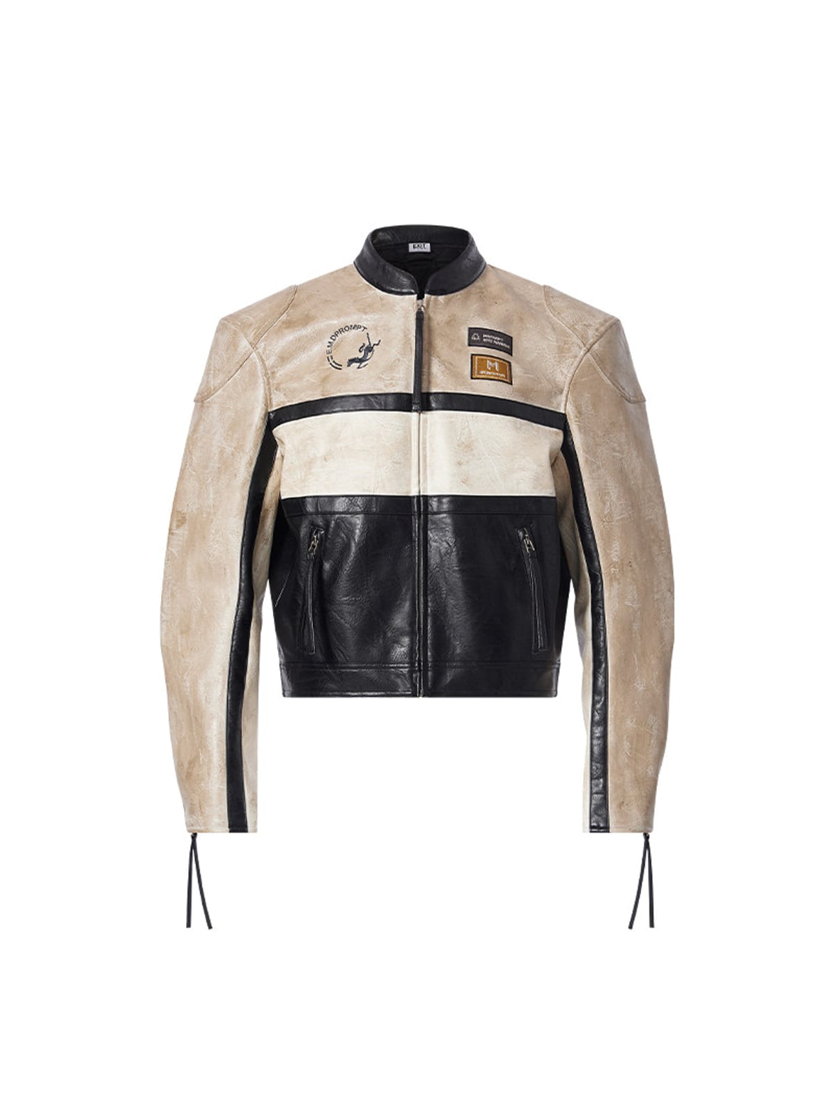 BLINDNOPLAN Cropped Color Block Faux Leather Moto Jacket in Beige