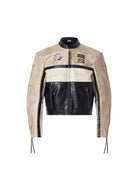 BLINDNOPLAN Cropped Color Block Faux Leather Moto Jacket in Beige