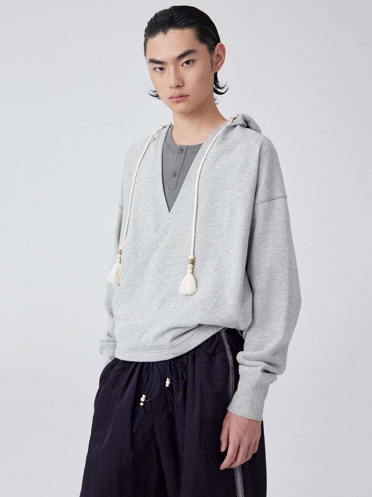 SIMPLE PROJECT Overlapping Slant Placket Hoodie in Gray - On Male Model