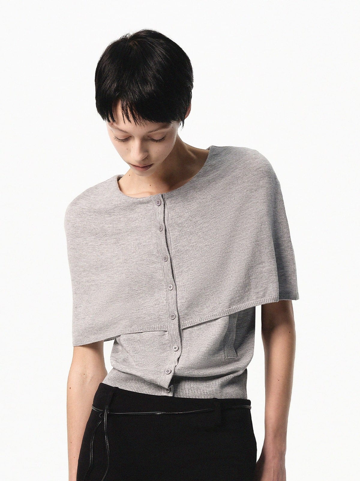RARELY ALIKE Mock Two Piece Cape Knit Cardigan in Gray - On Female Model