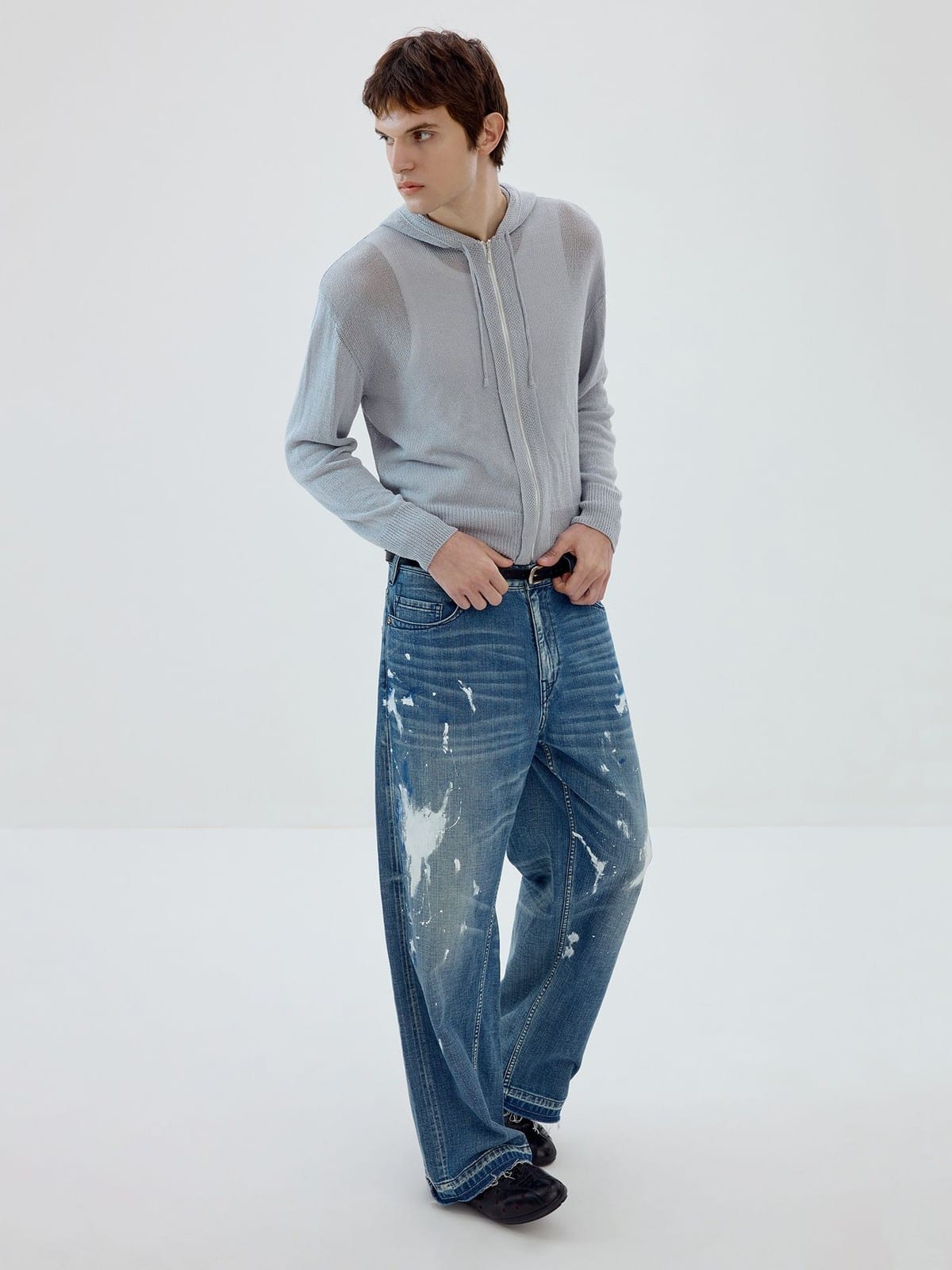 SIMPLE PROJECT Washi Paper Yarn Zip Up Hoodie in Sky Blue - On Male Model