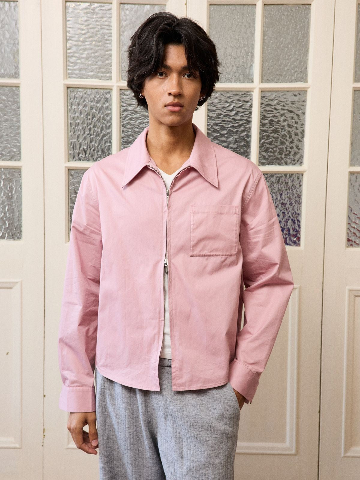 Retro 21 Pink Beige Double Zip Cotton Shirt in Off-White - On Male Model