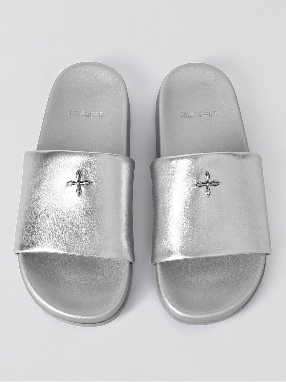 SMFK Leather Cross Detail Slide Sandals in Gray