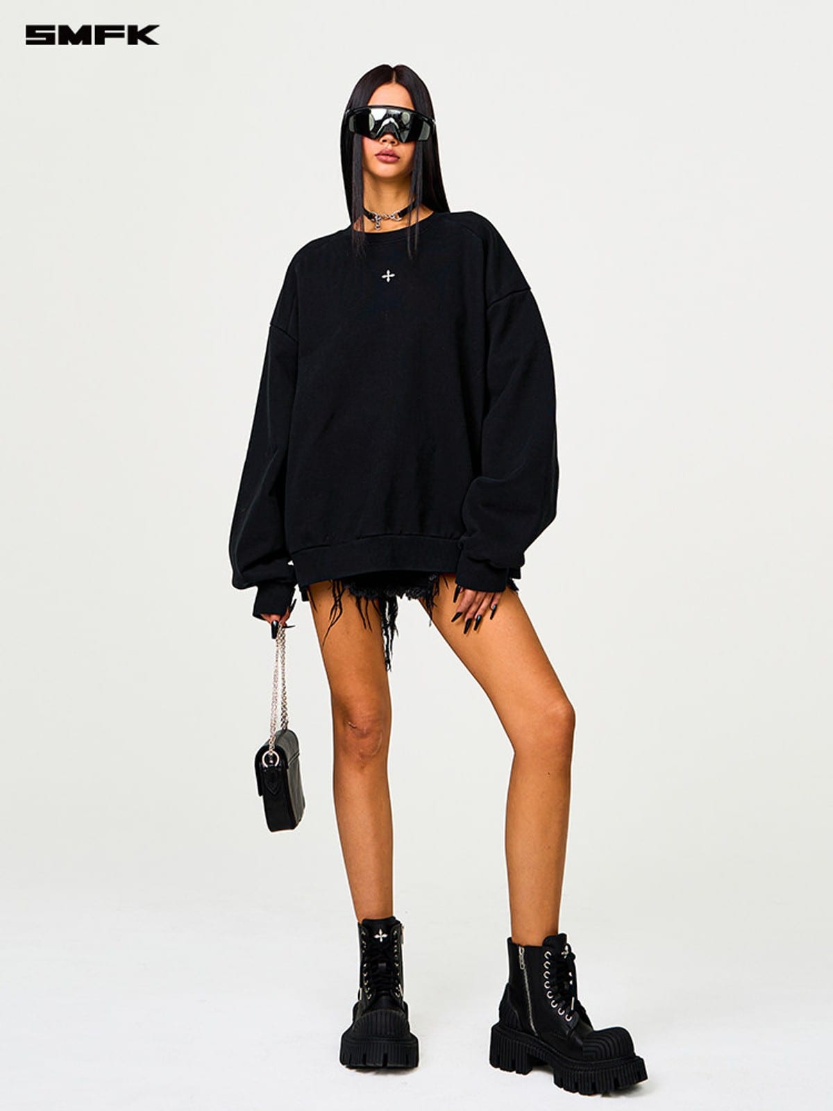 SMFK Cotton Loopback Crewneck Sweatshirt in Black - On Female Model