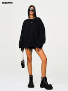 SMFK Cotton Loopback Crewneck Sweatshirt in Black - On Female Model
