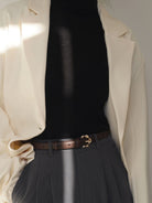 PANLULUPAN Cowhide Leather Pin Buckle Belt in Gray - On Female Model