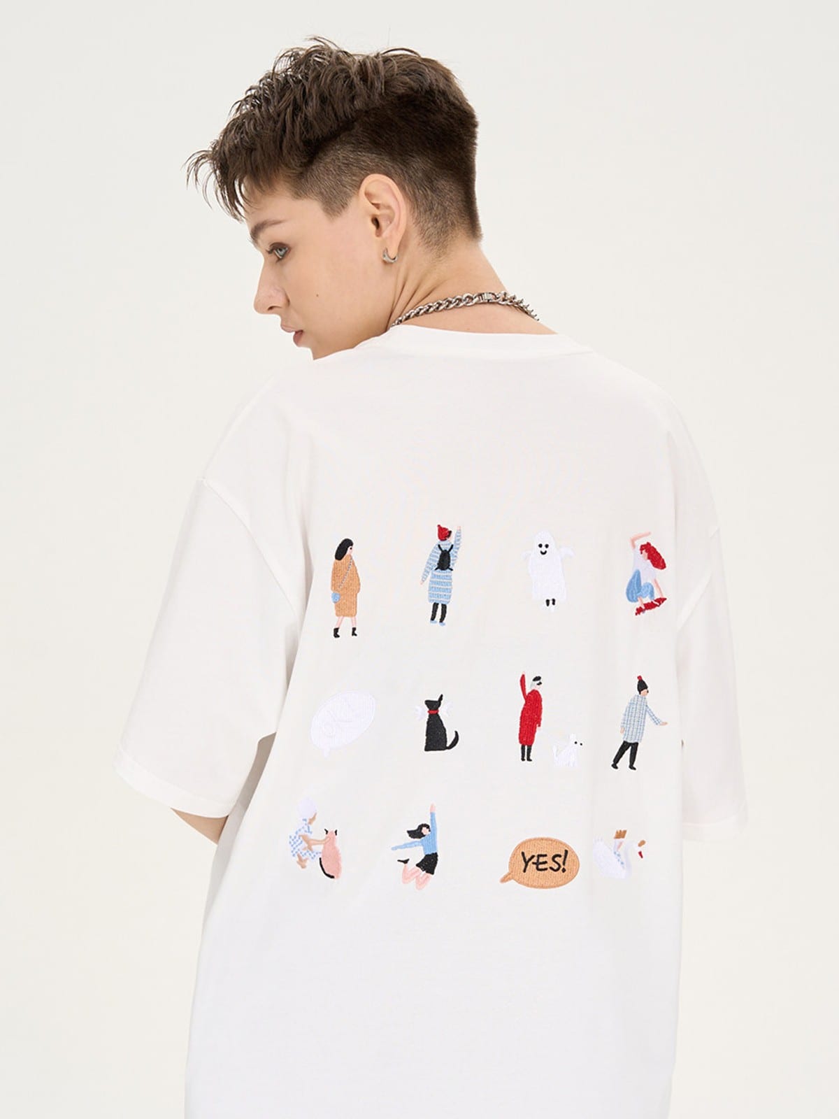LOSTCTRL Cartoon Embroidery Cotton T Shirt in White - On Model
