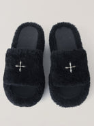 SMFK Cross Hardware Shearling High Heel Mules in Black