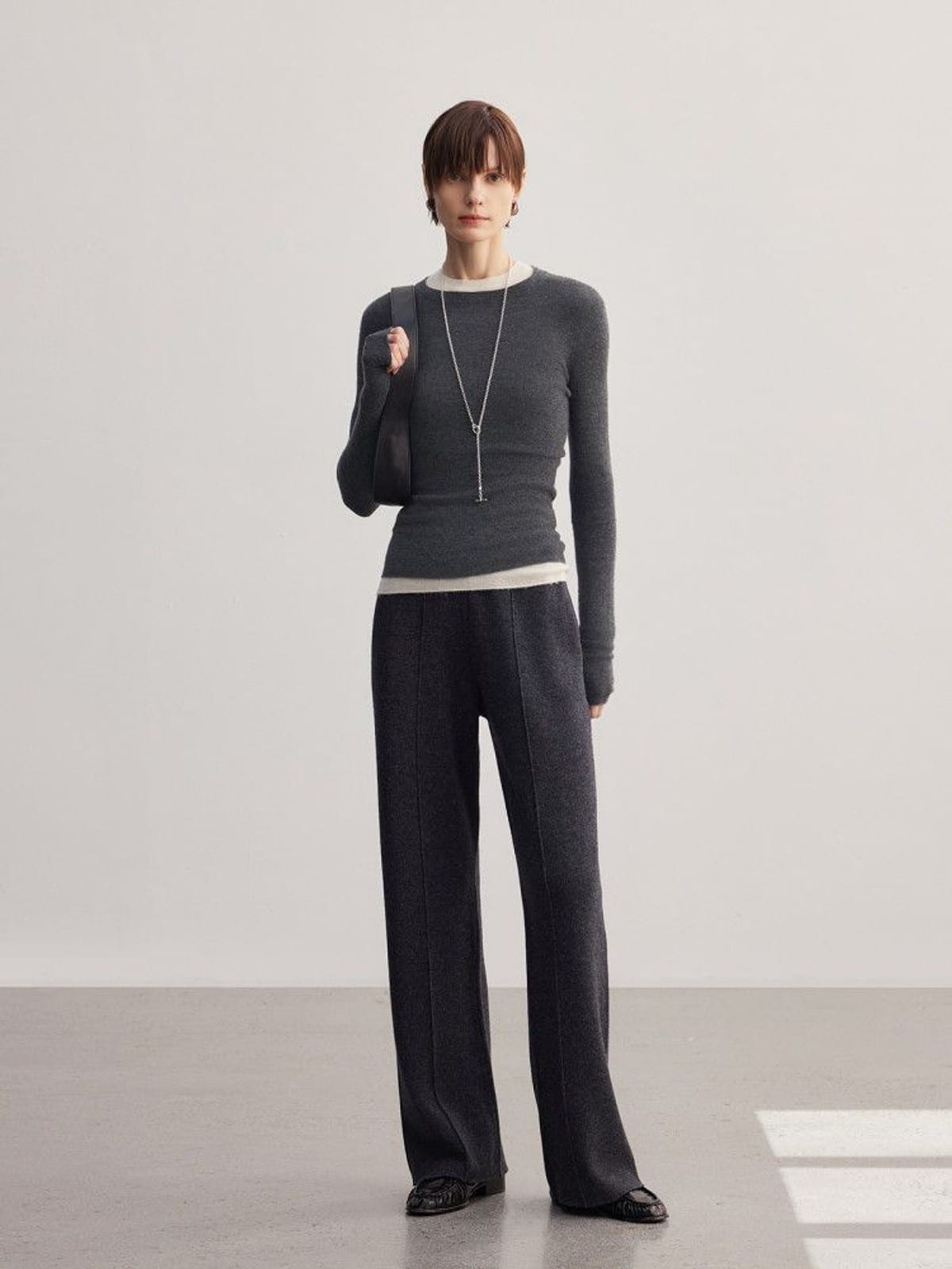 MSBEAST Biella Merino Wool Wide Leg Pants in Gray - On Female Model