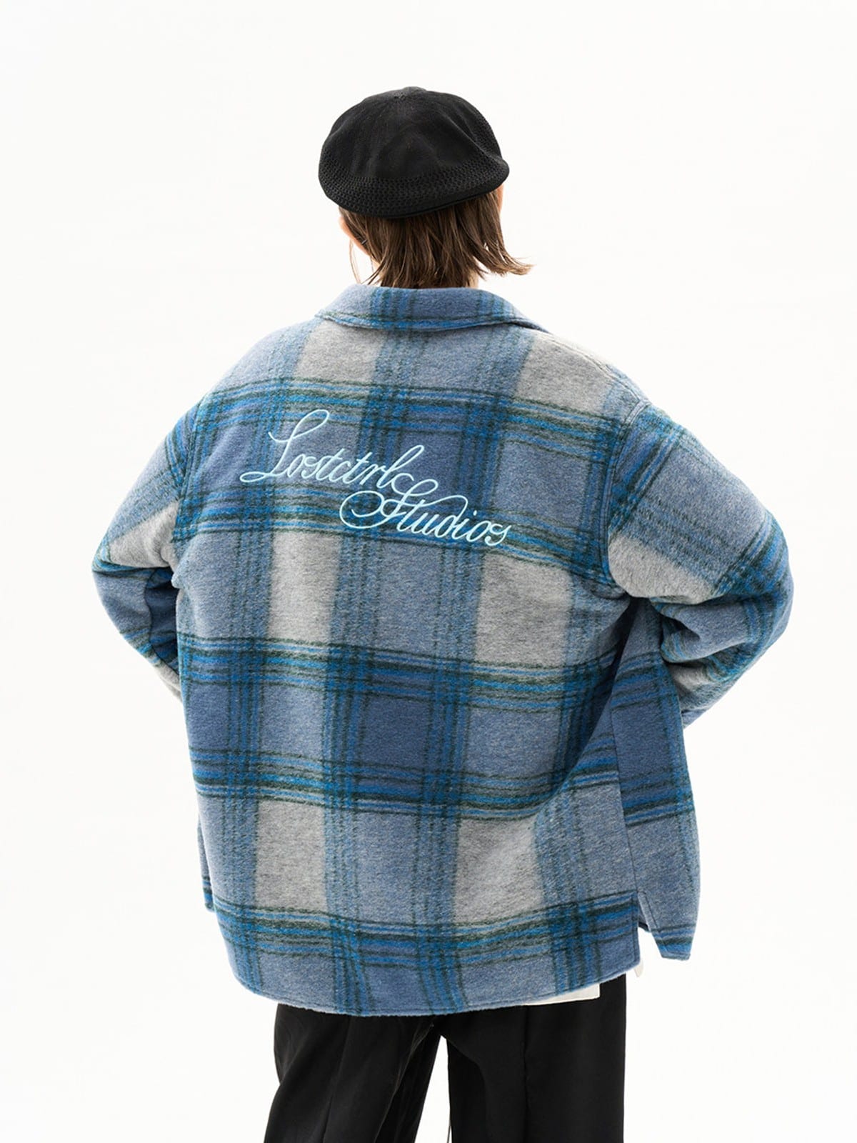 LOSTCTRL Embroidered Brushed Plaid Jacket in Blue - On Model