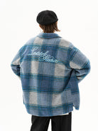 LOSTCTRL Embroidered Brushed Plaid Jacket in Blue - On Model