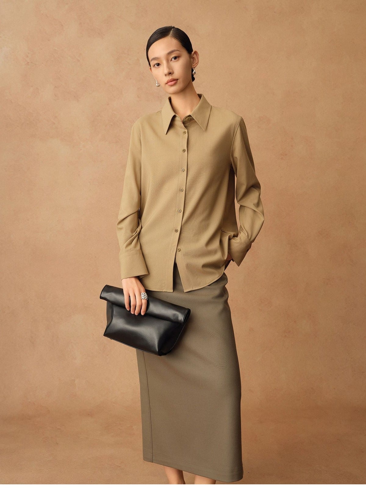TEASEL Worsted Merino Wool Midi Skirt in Olive - On Female Model