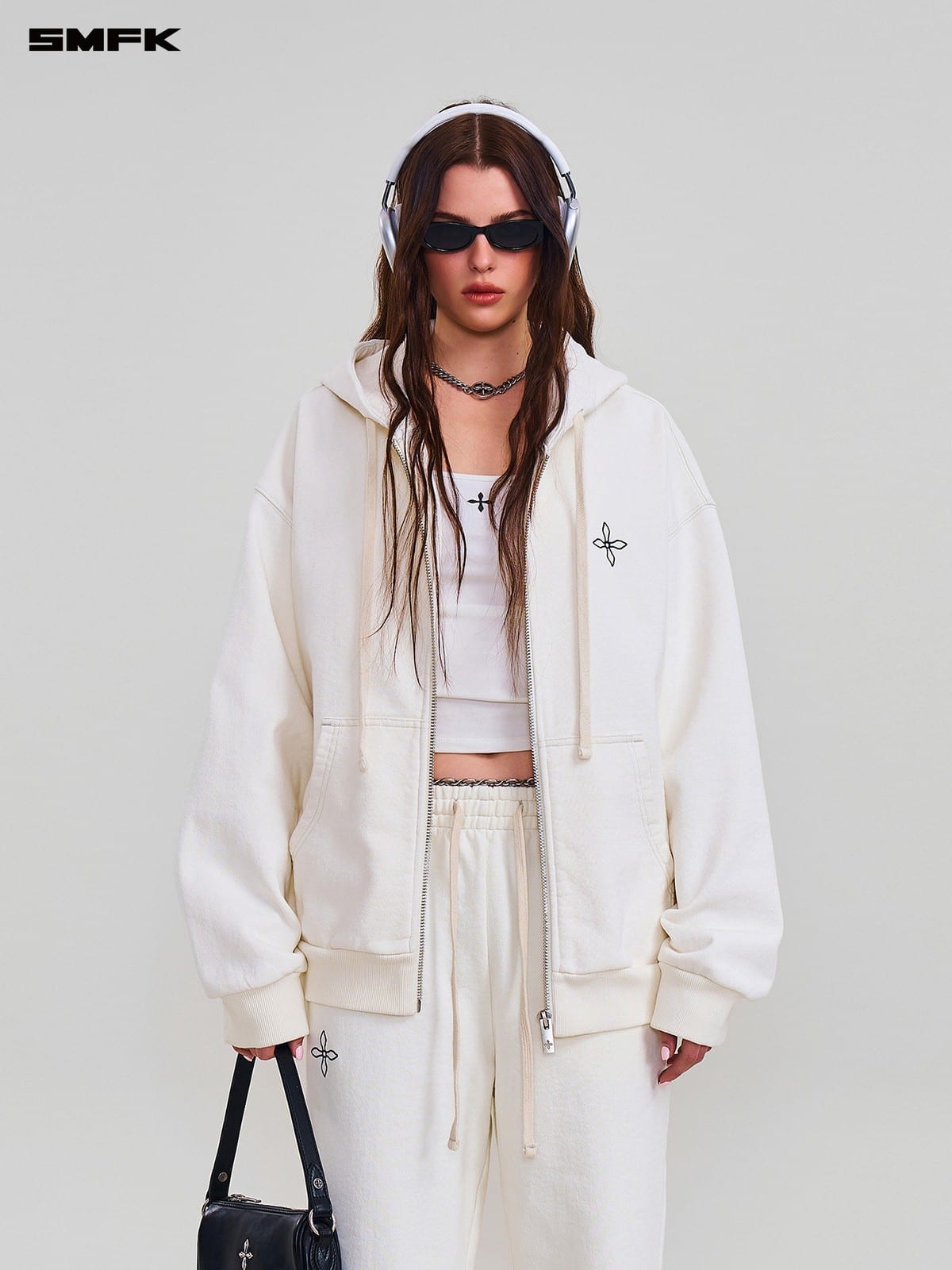 SMFK Embroidered Cotton Zip Up Hoodie in White - On Female Model