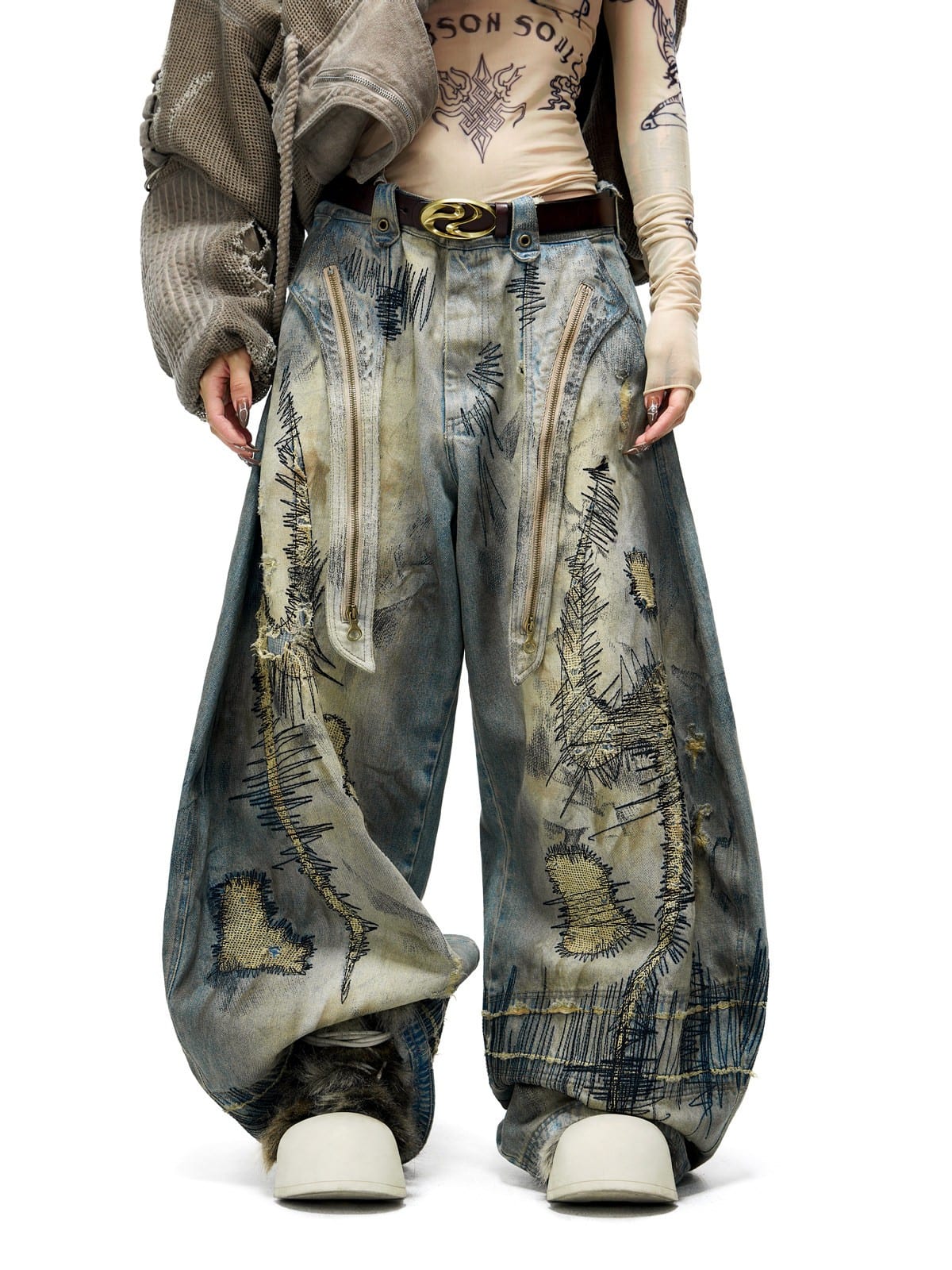 PERSONSOUL Stained Wash Embroidered Curved Jeans in Denim - On Female Model