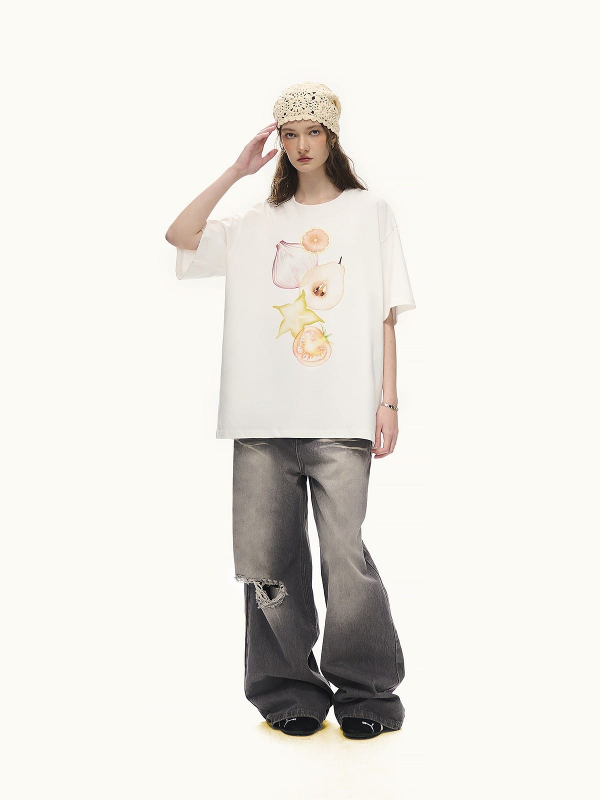 LOSTCTRL Fruit Veggie Print Cotton Blend T Shirt in White - On Female Model