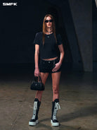 SMFK Silk Blend Short Sleeve Crop Top in Black - On Female Model