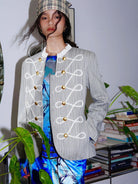 BADTASTE Braided Trim Equestrian Blazer in Sky Blue - On Female Model