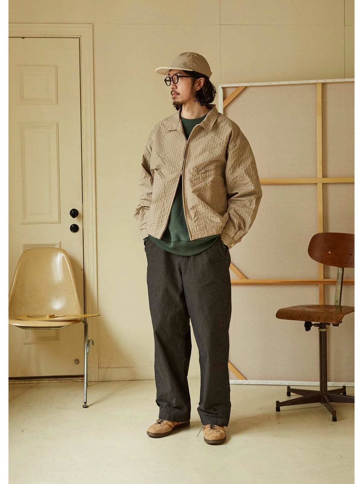 USAGE Jacquard Check Harrington Jacket in Beige - On Male Model