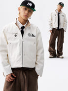 MEDM Plaid Collar Cotton Zip Up Jacket in White - On Male Model