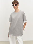 MSBEAST Color Block Cuff Cotton Blend T Shirt in Gray - On Female Model