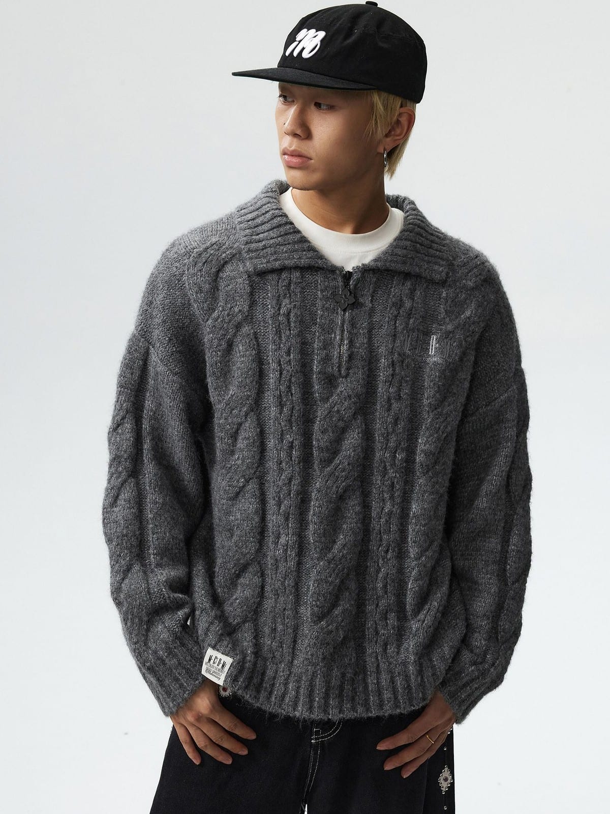 MEDM Cable Knit Quarter Zip Sweater in Gray - On Male Model