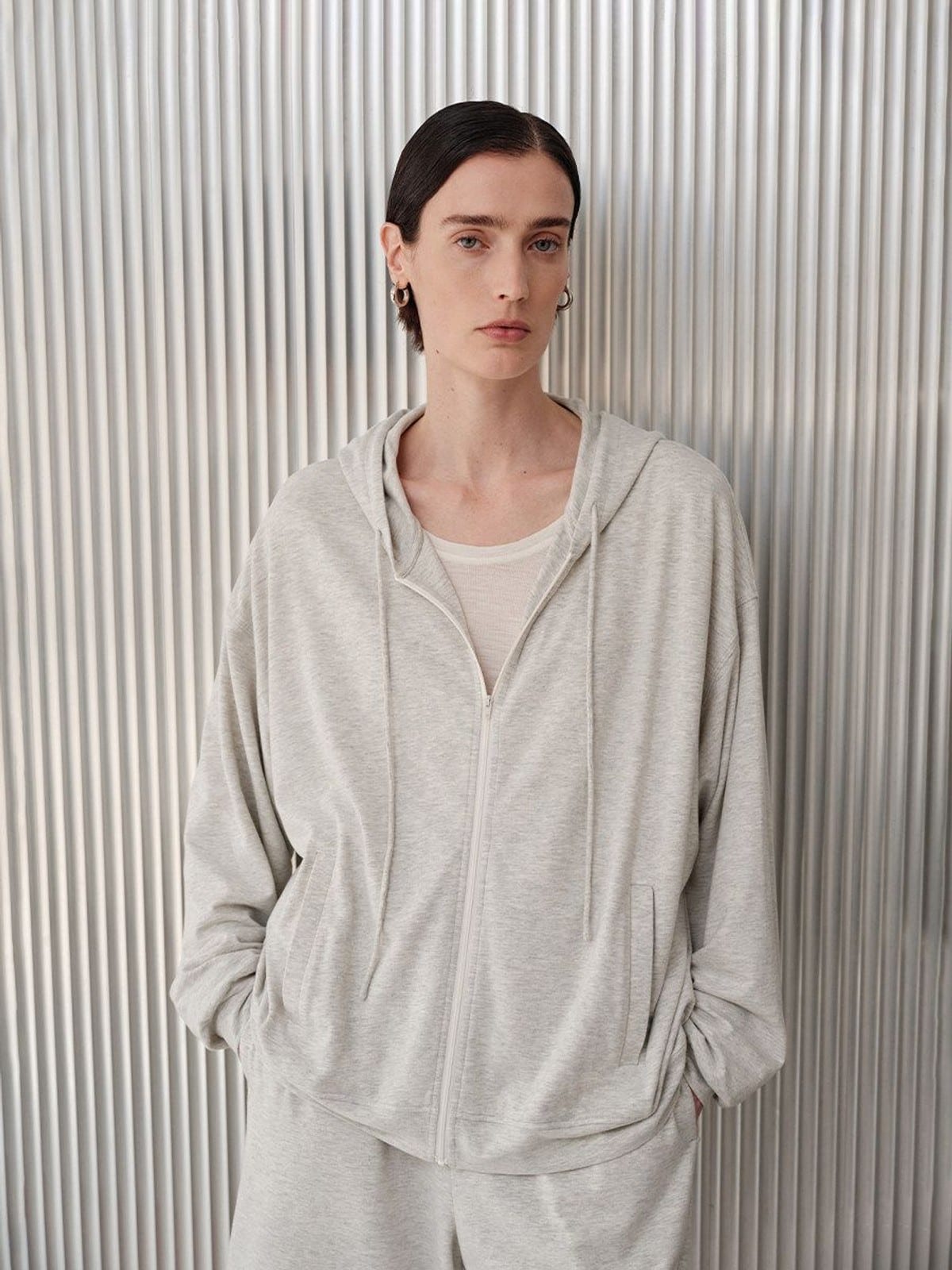 MSBEAST Lightweight Modal Blend Zip Up Hoodie in Gray - On Female Model