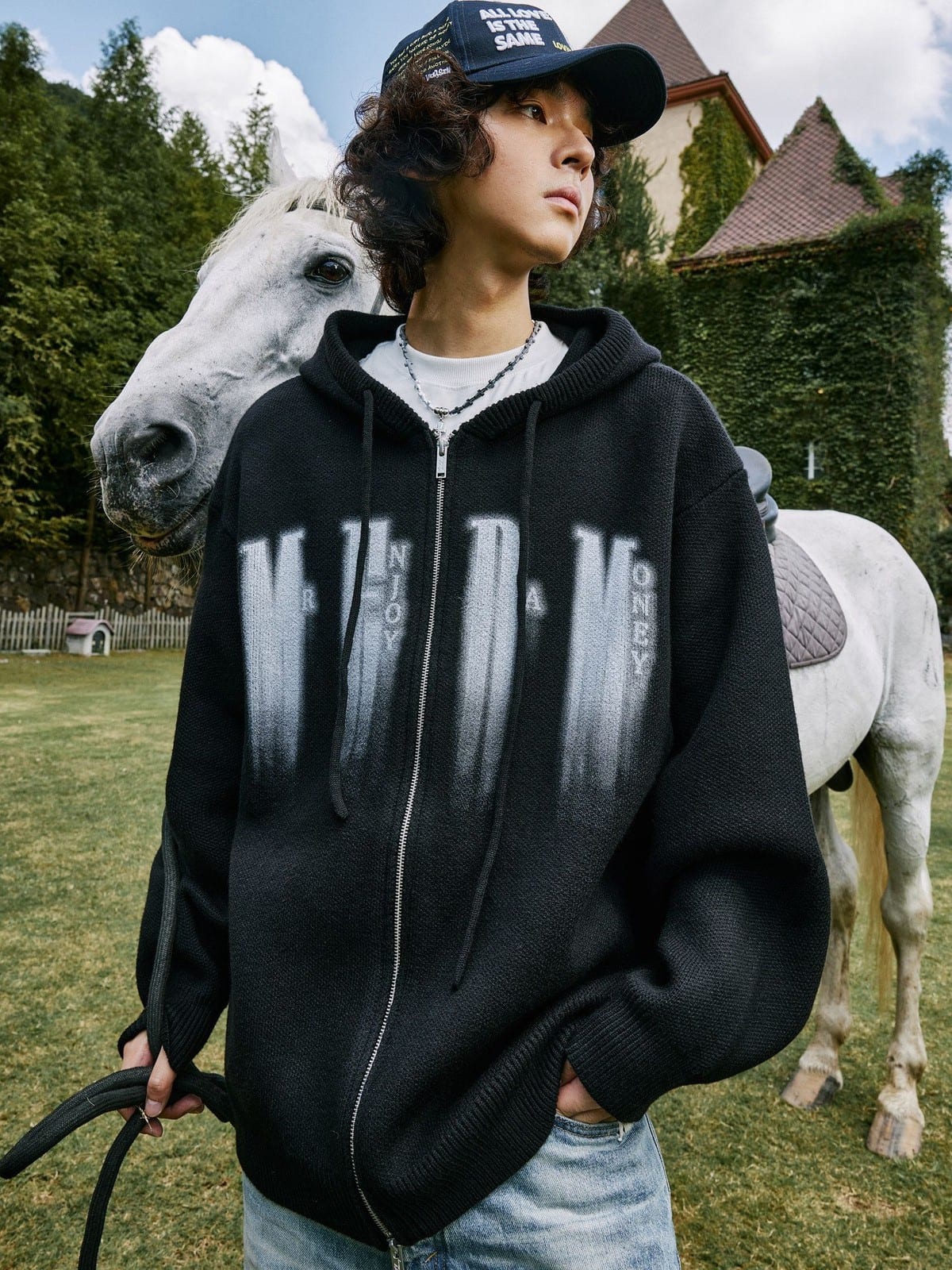 MEDM Zip Up Hooded Knit Cardigan in Black - On Male Model
