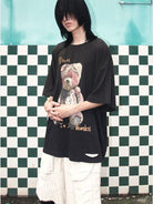 D5ove Distressed Sad Bear Graphic Cotton T Shirt in Black - On Male Model
