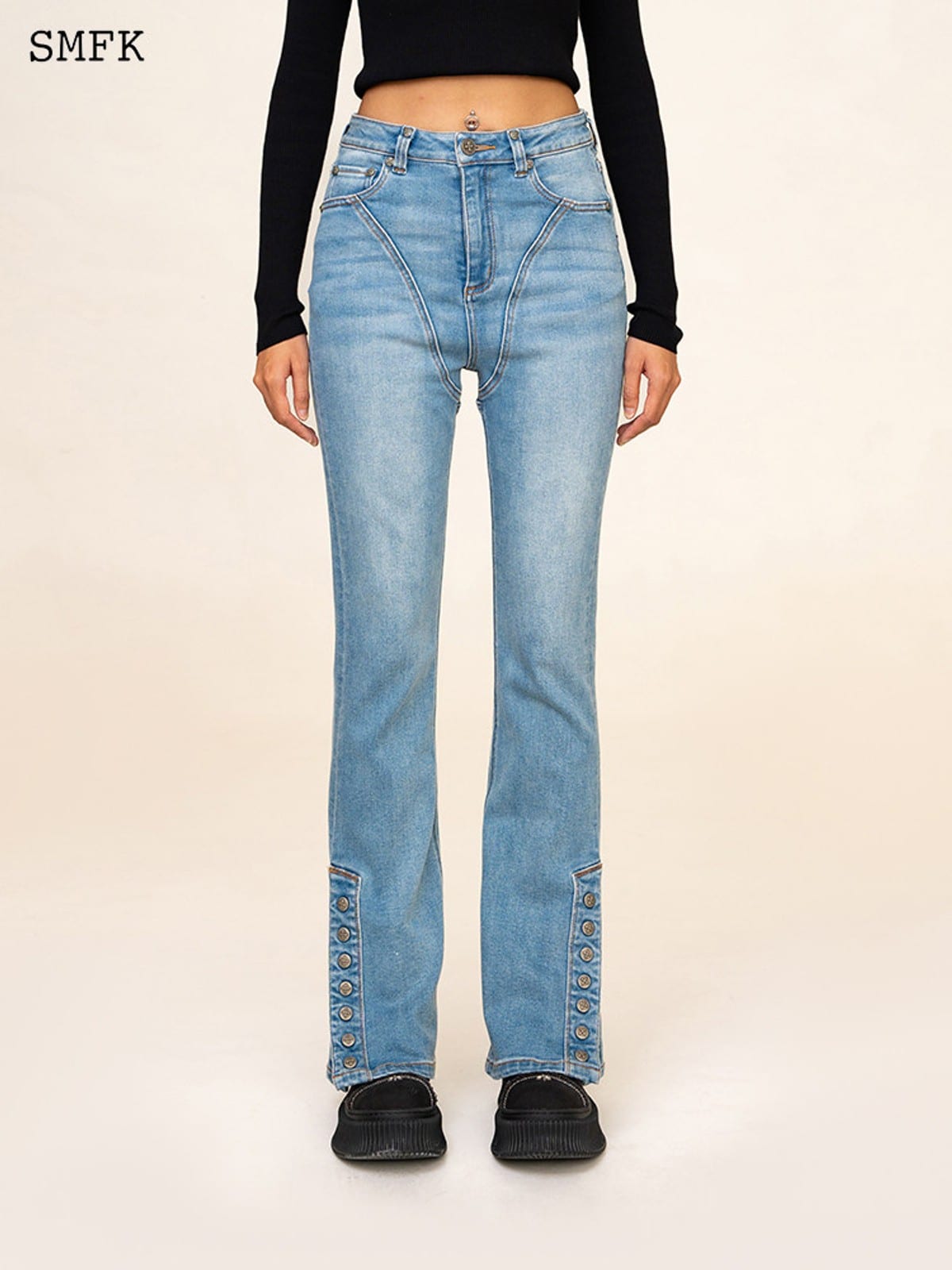 SMFK High Stretch Biker Flare Jeans in Denim - On Female Model