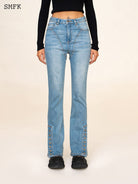 SMFK High Stretch Biker Flare Jeans in Denim - On Female Model