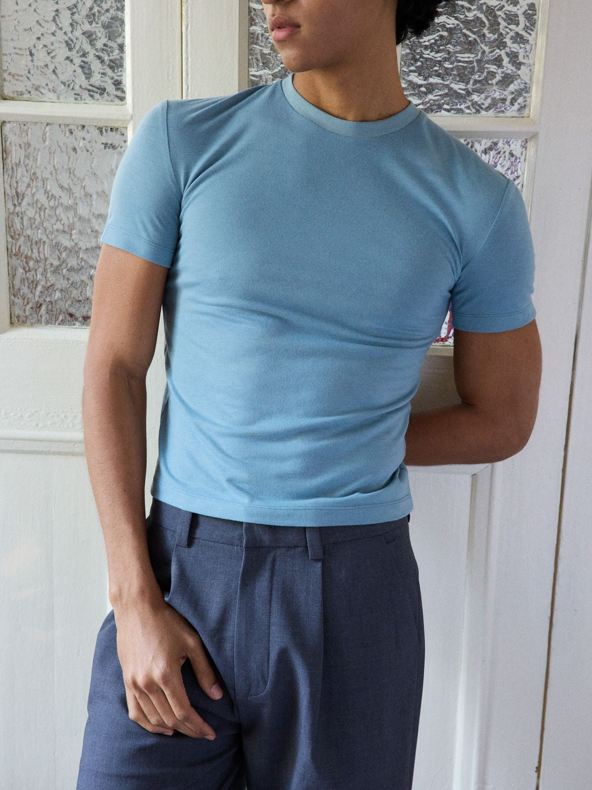 Retro 21 Japanese Wool Blend Crew Neck Tee in Sky Blue - On Male Model