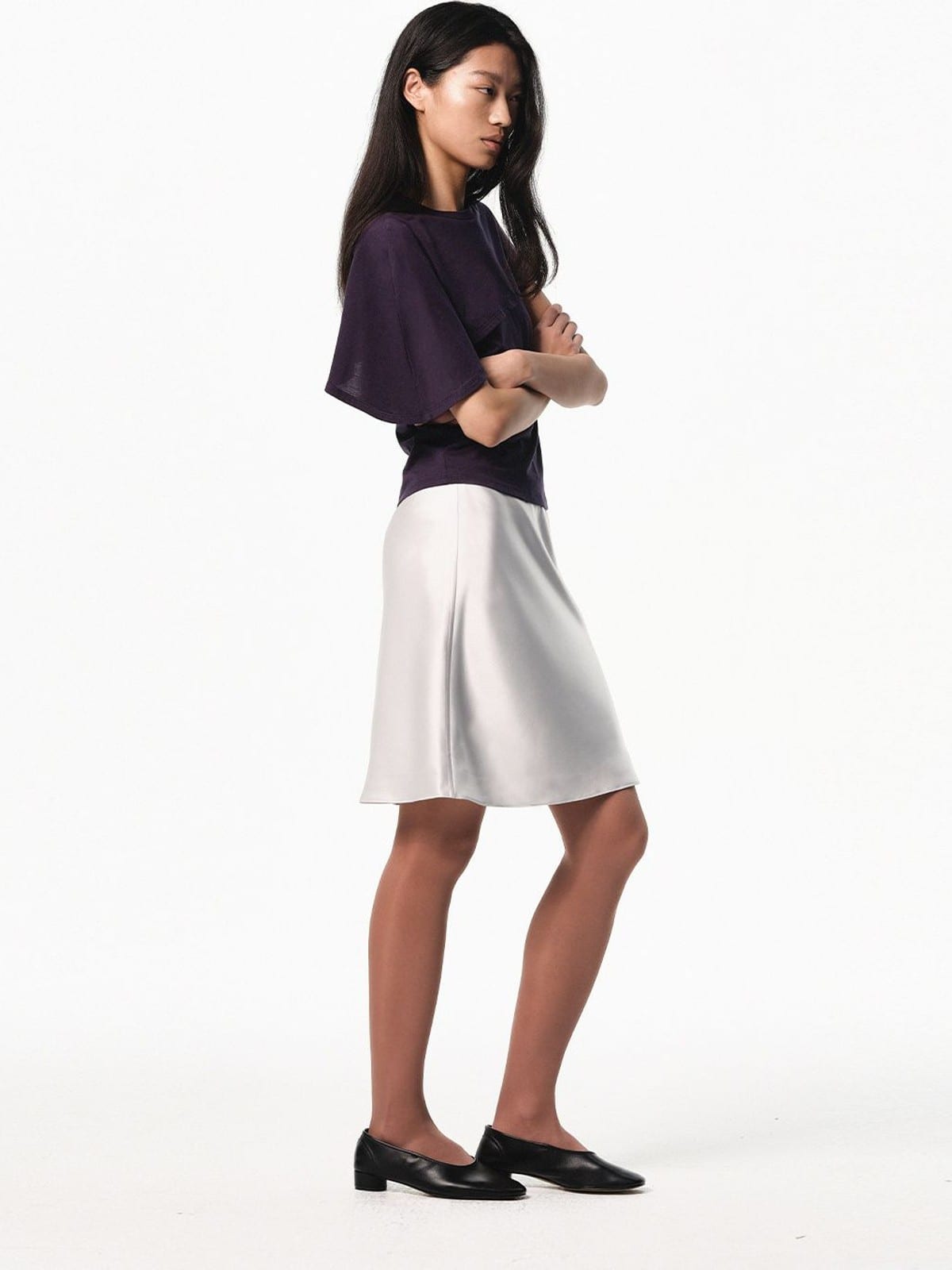 RARELY ALIKE Asymmetrical Draped Lyocell Blend Top in Purple - On Female Model