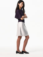 RARELY ALIKE Asymmetrical Draped Lyocell Blend Top in Purple - On Female Model