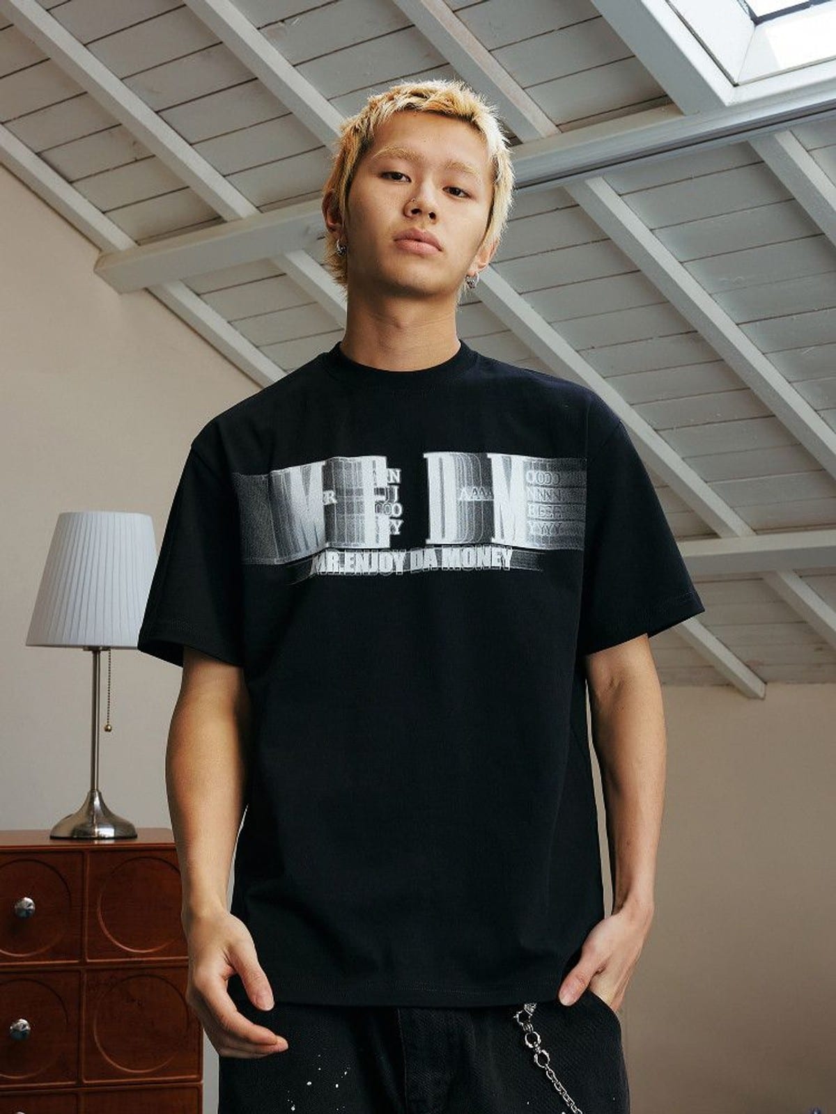 MEDM Glitch Logo Graphic Cotton T Shirt in Black - On Male Model
