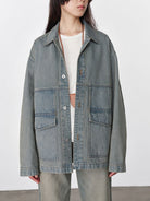 Random Piece Cotton Convertible Workwear Jacket in Denim - On Female Model